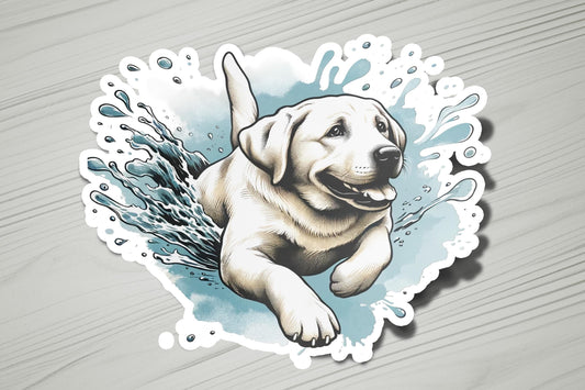 a sticker of a dog running through water