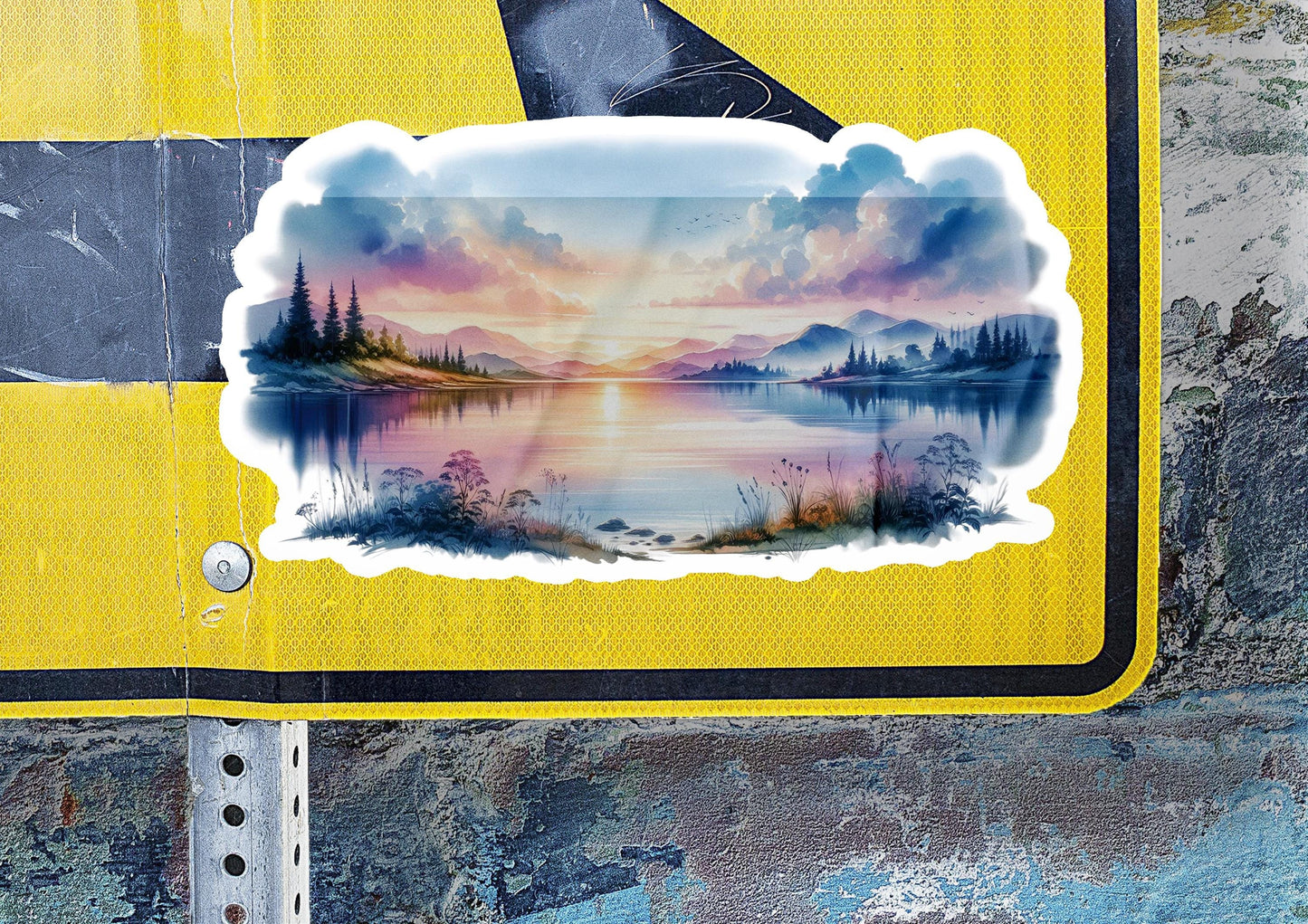 a yellow sign with a picture of a lake on it