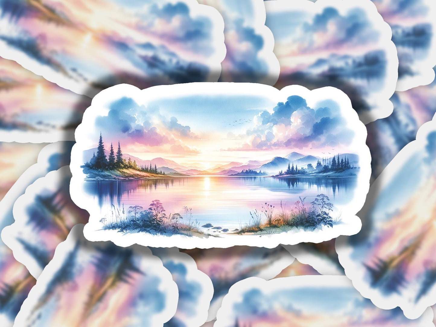 a painting of a beautiful sunset over a lake