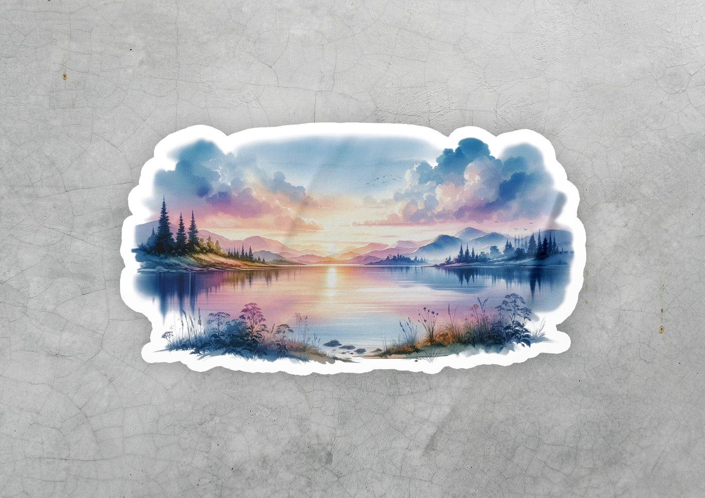 a watercolor painting of a sunset over a lake