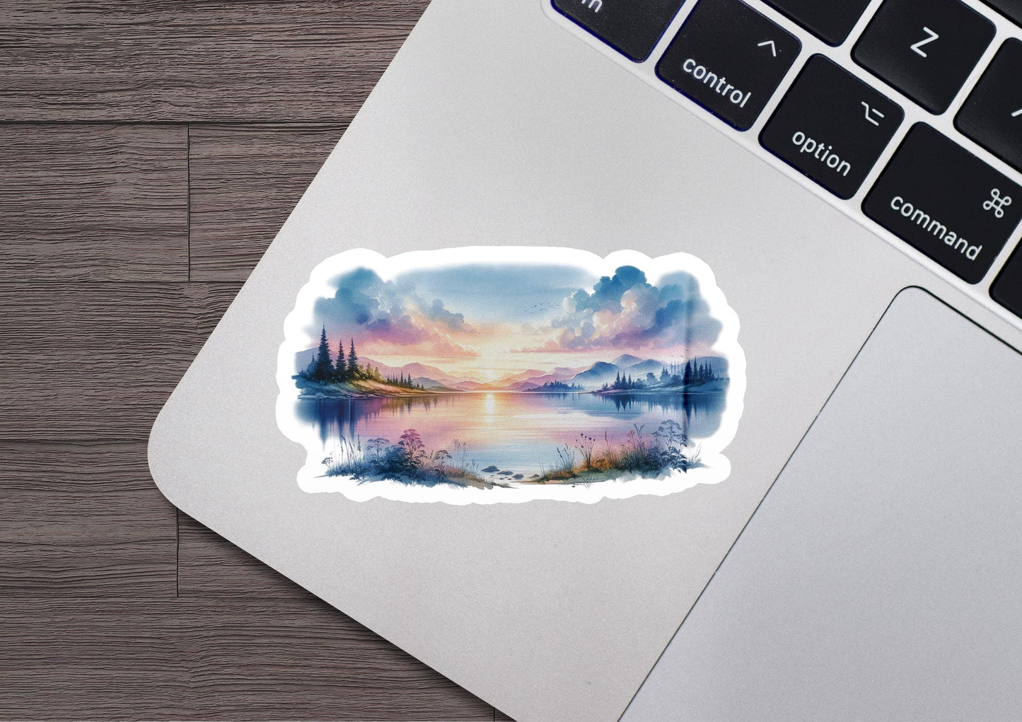 a laptop computer with a sticker of a lake