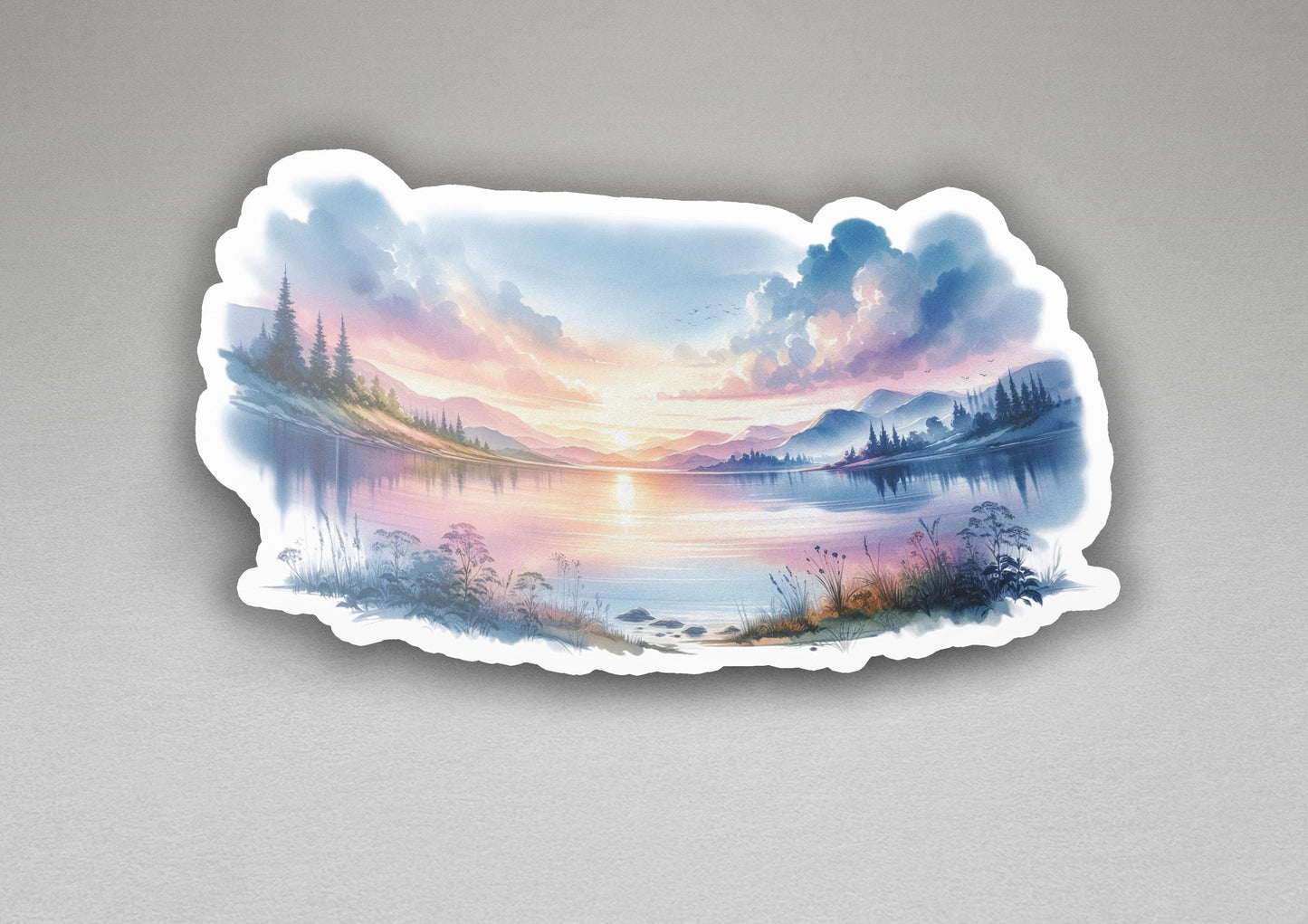 a picture of a lake with a sunset in the background