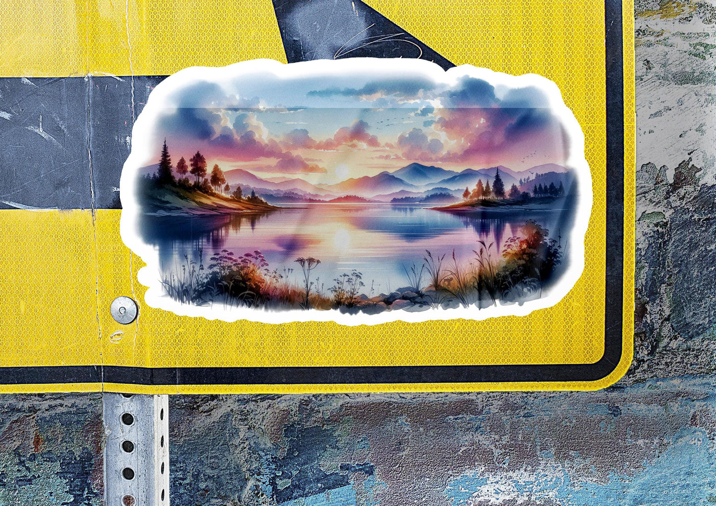 a yellow sign with a picture of a lake on it