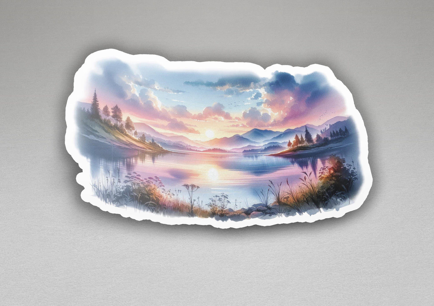 a sticker of a lake with a sunset in the background