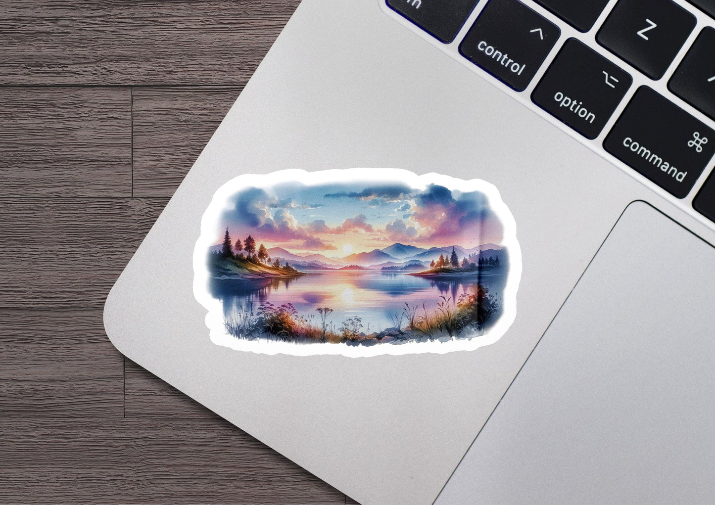 a laptop computer with a sticker of a lake