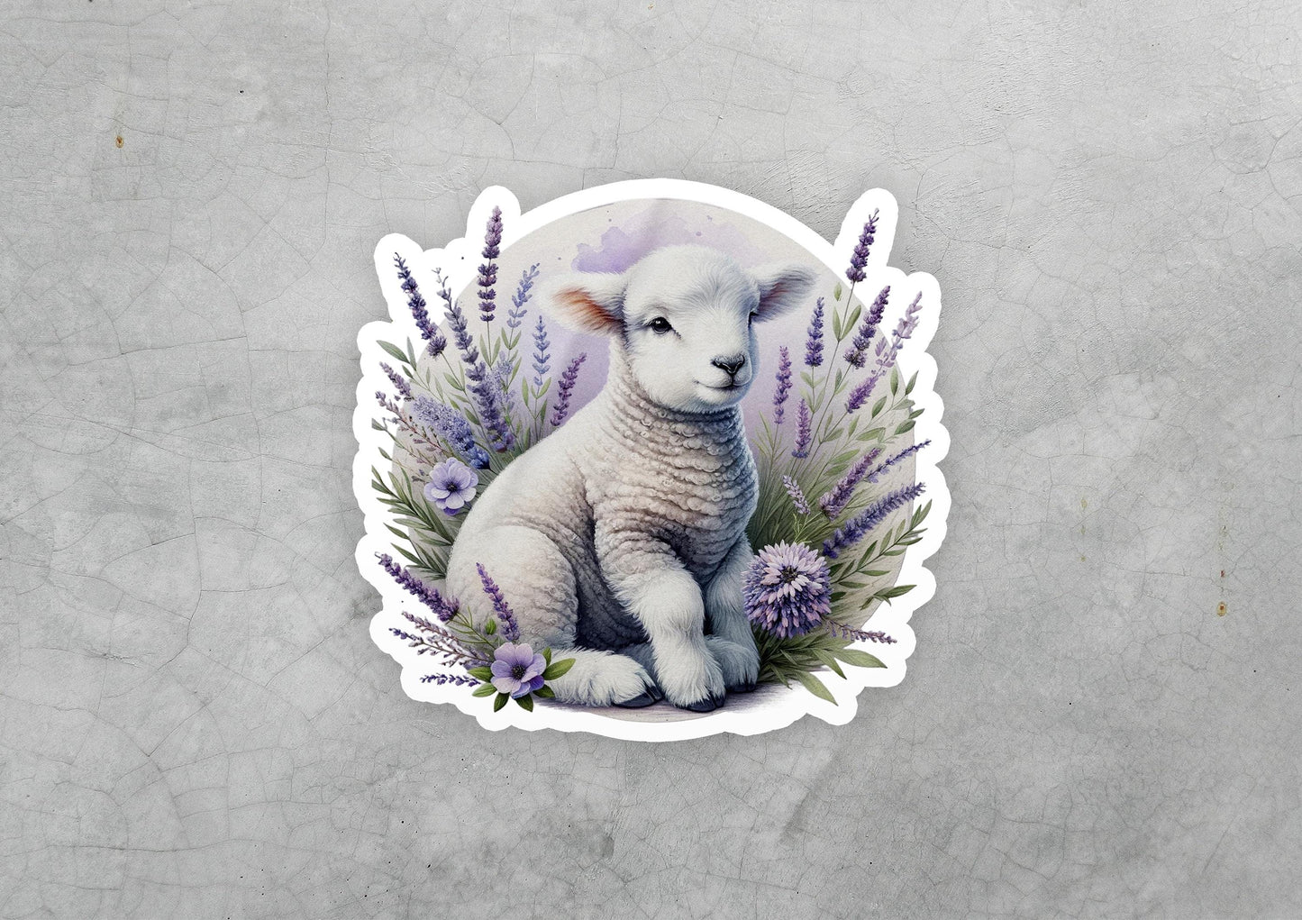 a sticker of a lamb surrounded by lavender flowers
