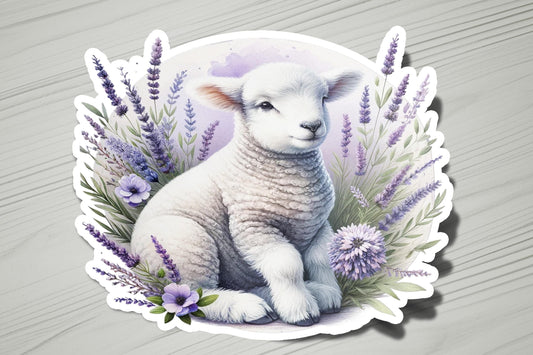 a sticker of a lamb surrounded by lavender flowers