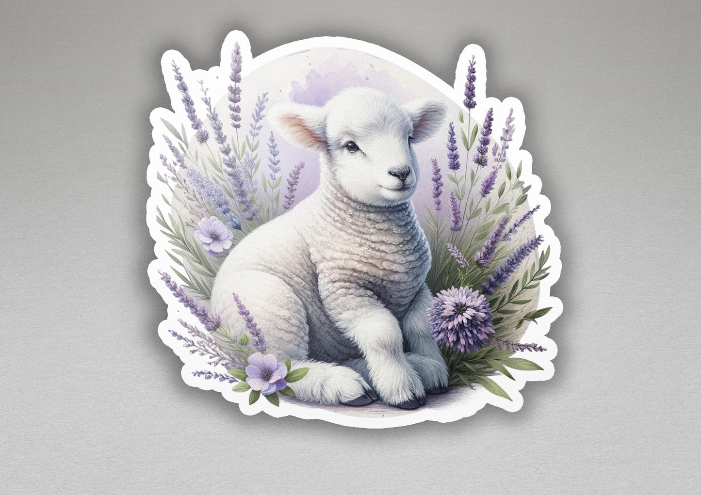 a sticker of a lamb surrounded by lavender flowers