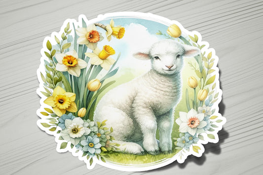 a picture of a lamb with daffodils around it