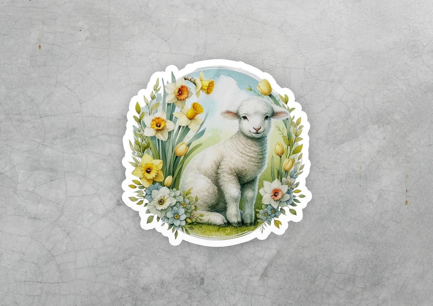 a sticker of a lamb surrounded by flowers