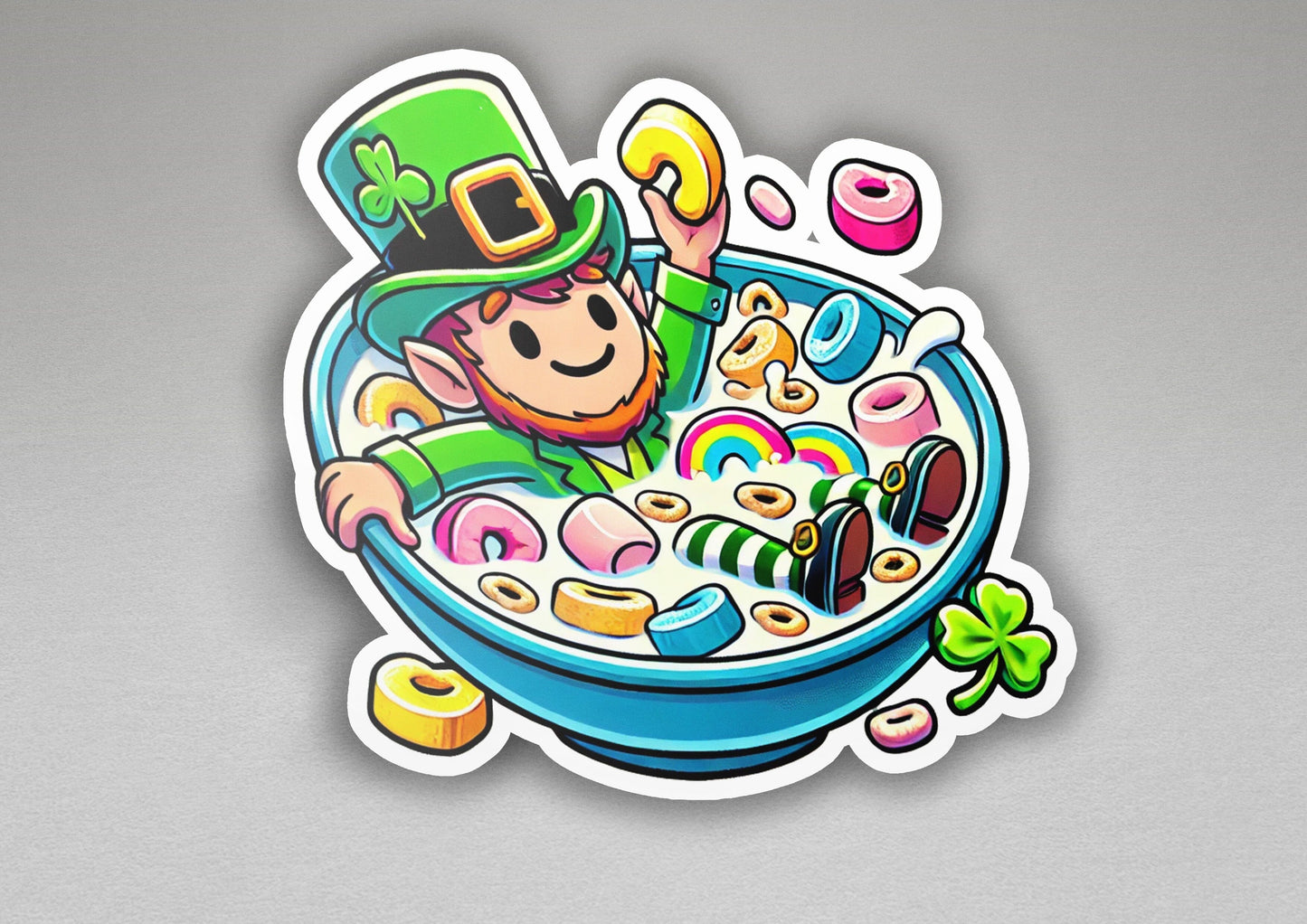 a sticker of a lepreite in a bowl of cereal