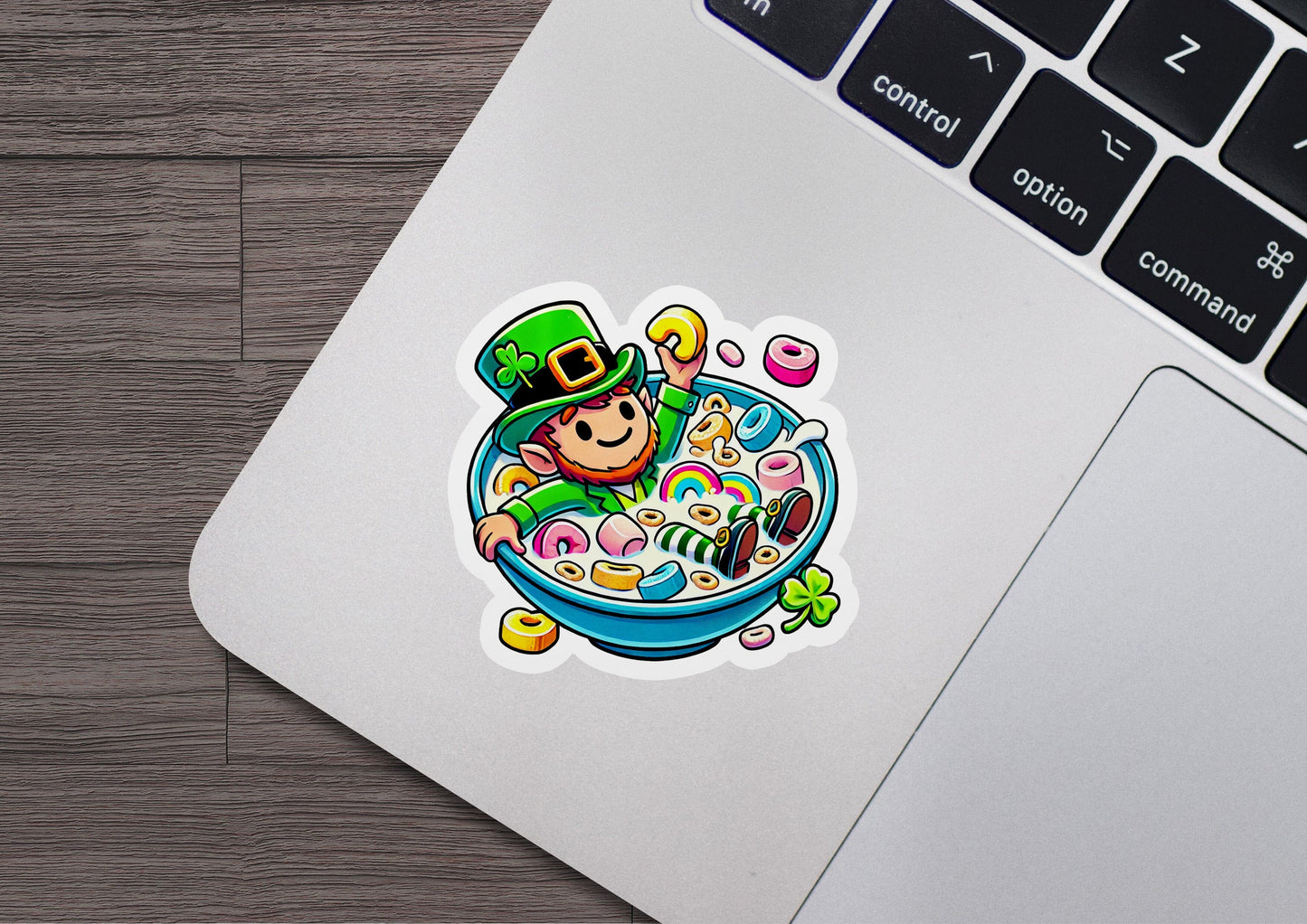 a laptop with a sticker of a lepreite in a bowl