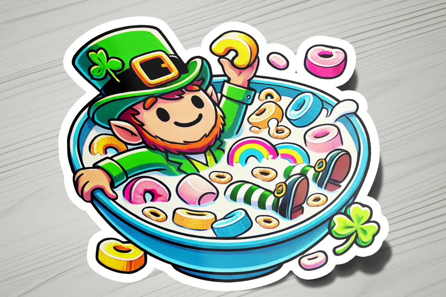 a sticker of a lepreite in a bowl of cereal