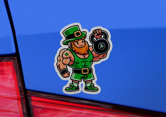 a sticker of a st patrick's lepreite holding a barbell
