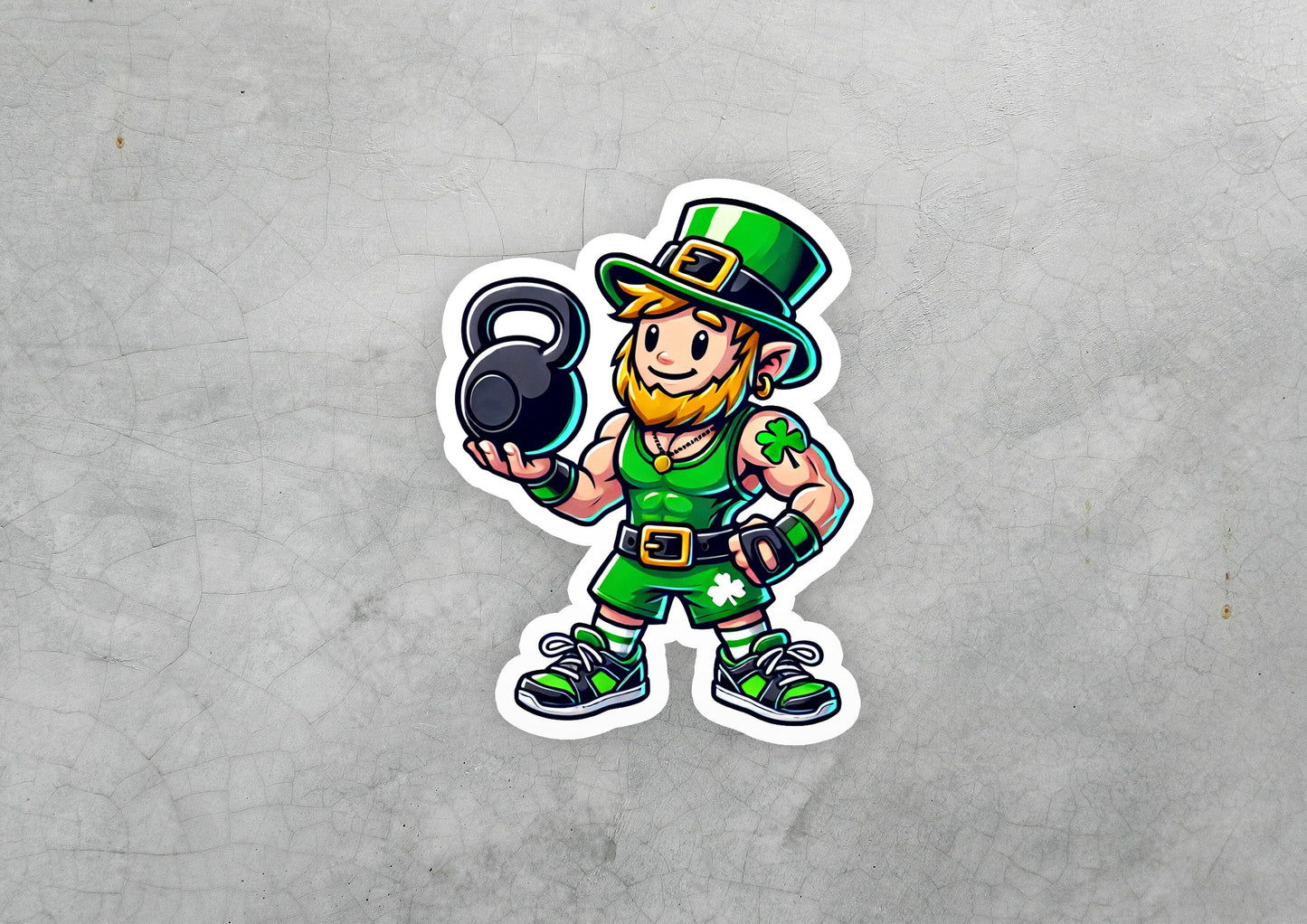 a st patrick's day sticker of a leprechaun holding a