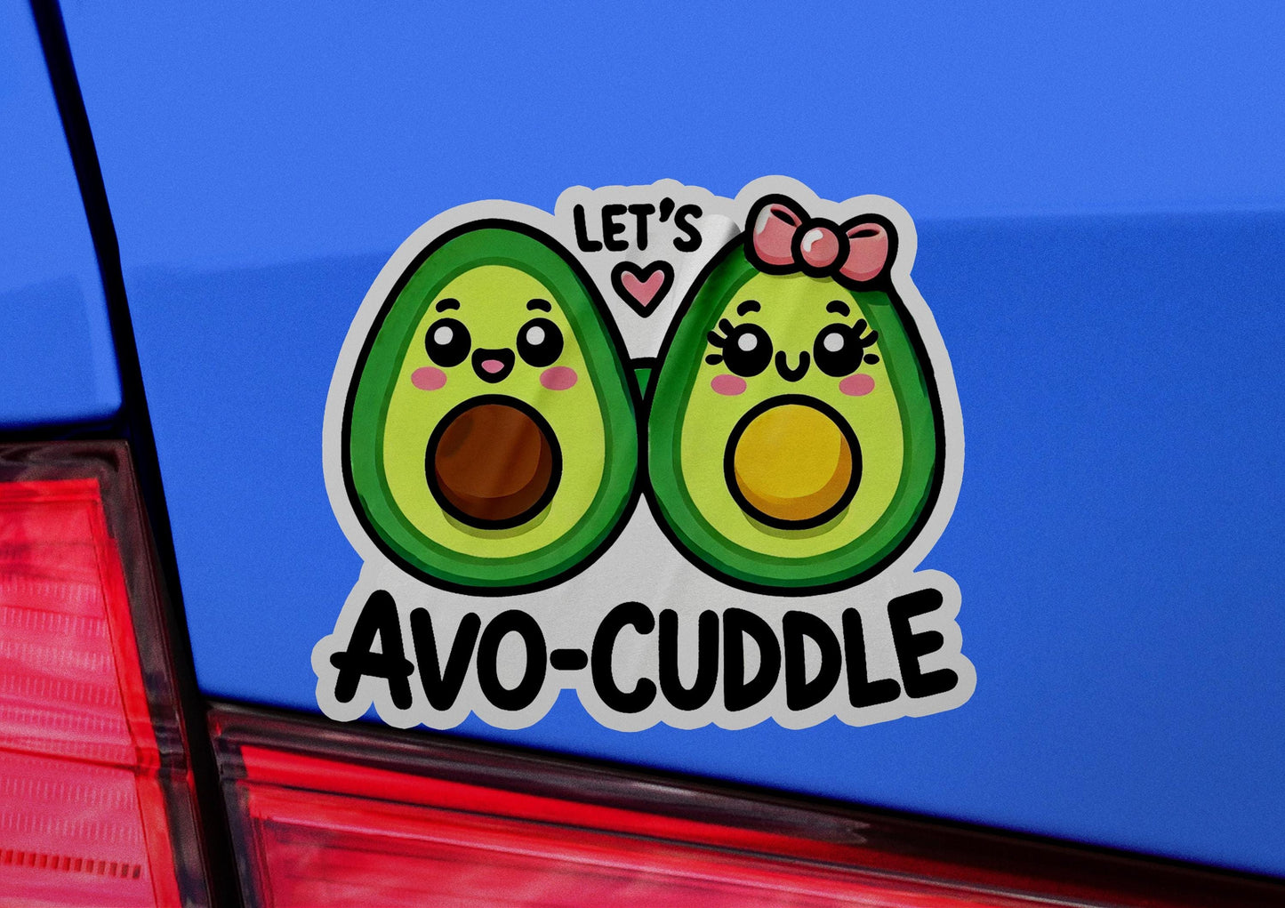 an avocado sticker on the back of a car