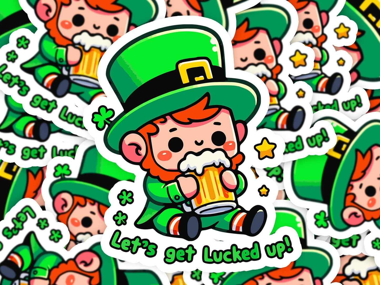 Lets Get Lucked Up Leprechaun Beer Vinyl Sticker | Dishwasher Safe & Durable | Custom Sizes | Fast Shipping | Made in USA Fiesta Doodle waterproof vinyl sticker. dishwasher safe outdoor sticker.