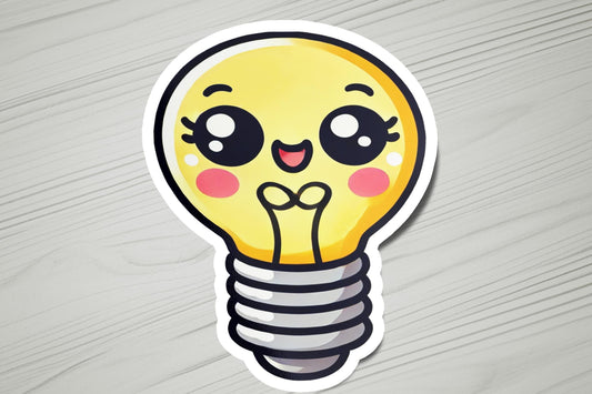 a sticker of a light bulb with eyes