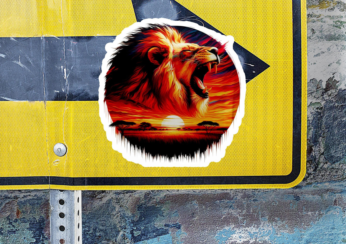 a sticker of a lion on a street sign