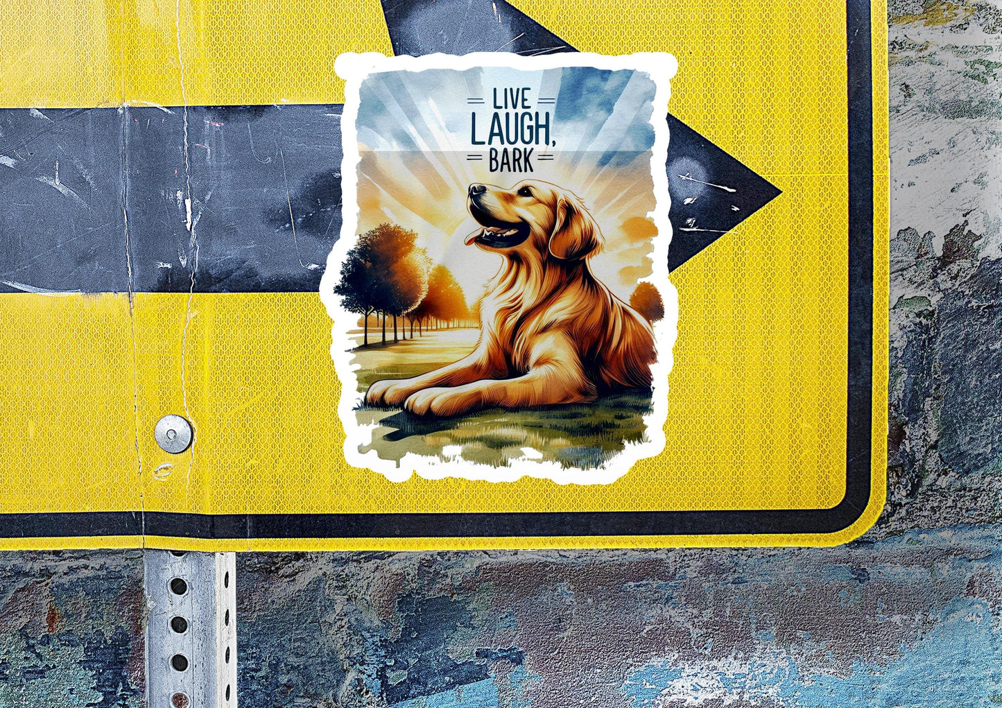 a sticker of a dog on a street sign
