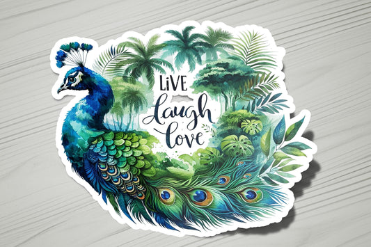 a sticker of a peacock with the words live laugh love