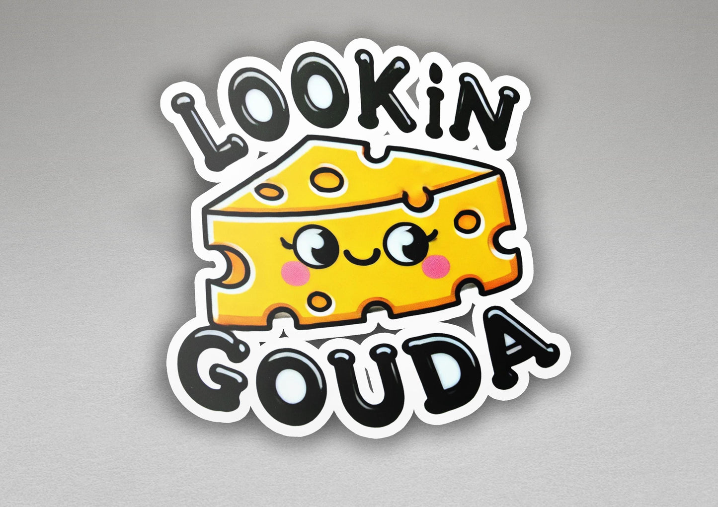 a sticker with a piece of cheese on it