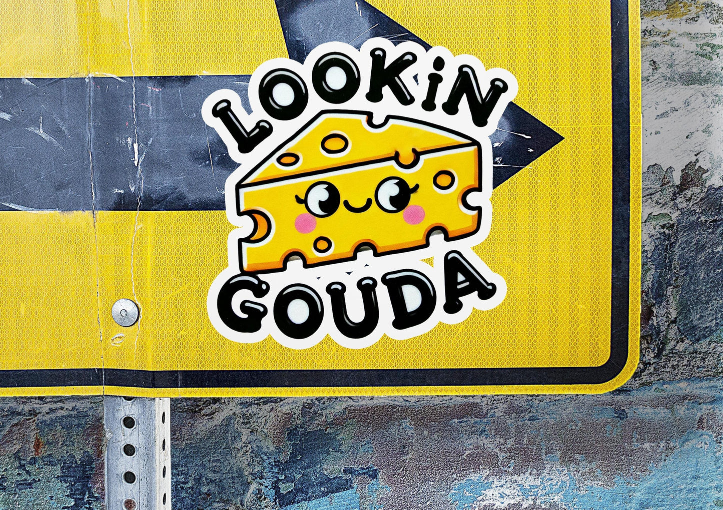 a street sign with a piece of cheese on it