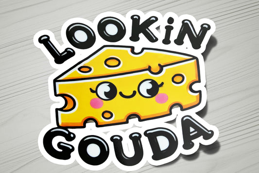 a sticker with a piece of cheese on it