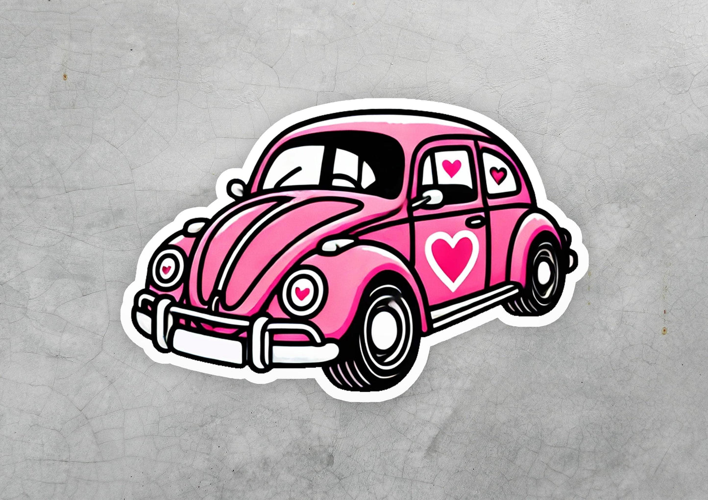 a sticker of a pink car with a heart on it