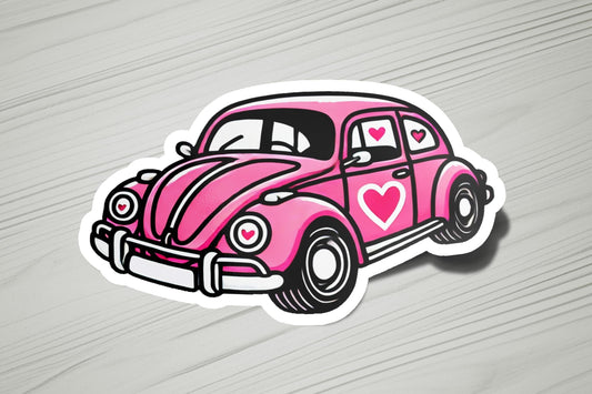 a sticker of a pink car with a heart on it