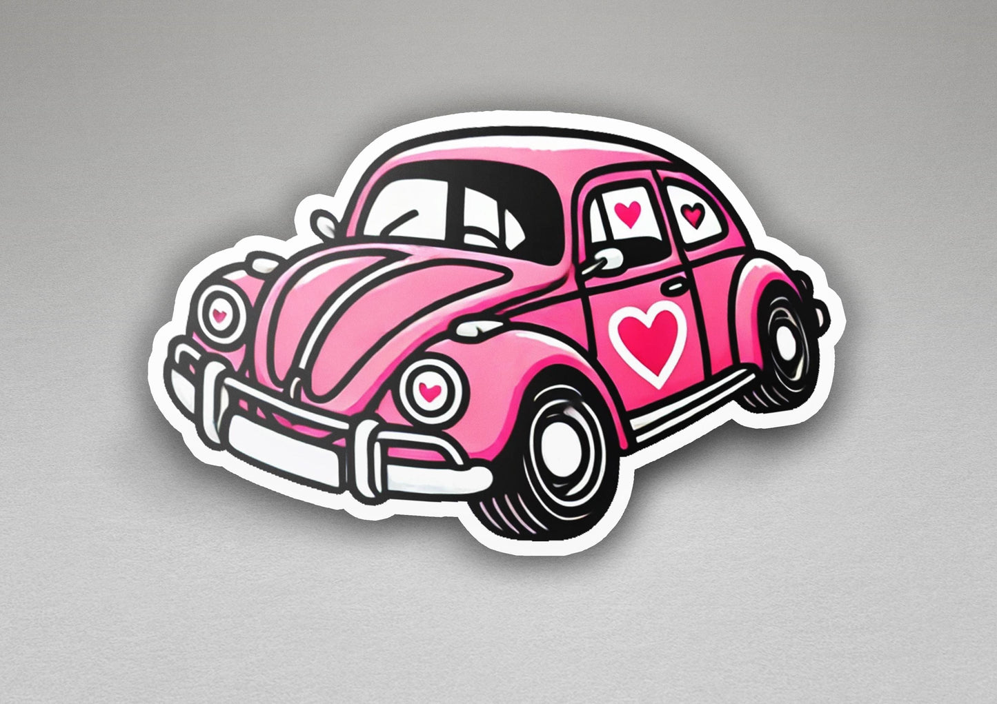 a sticker of a pink car with a heart on it
