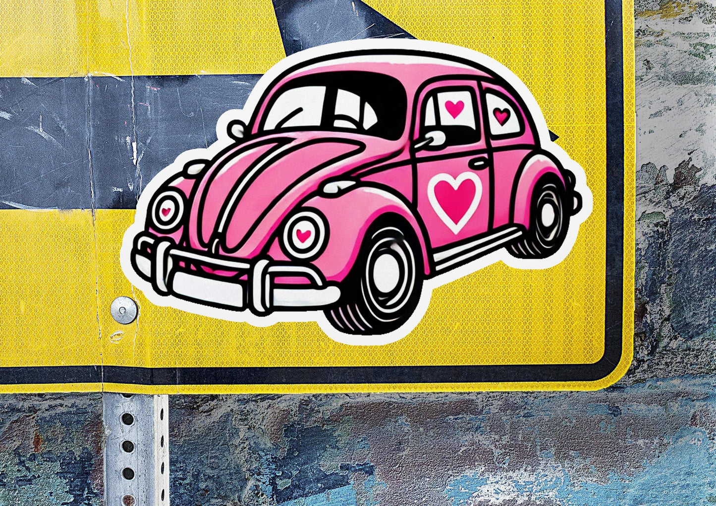 a sticker of a pink car with a heart on it