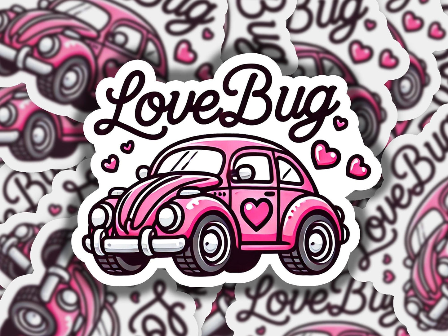 a sticker of a pink car with hearts on it