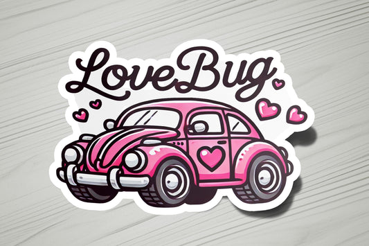a sticker that says love bug with a pink car