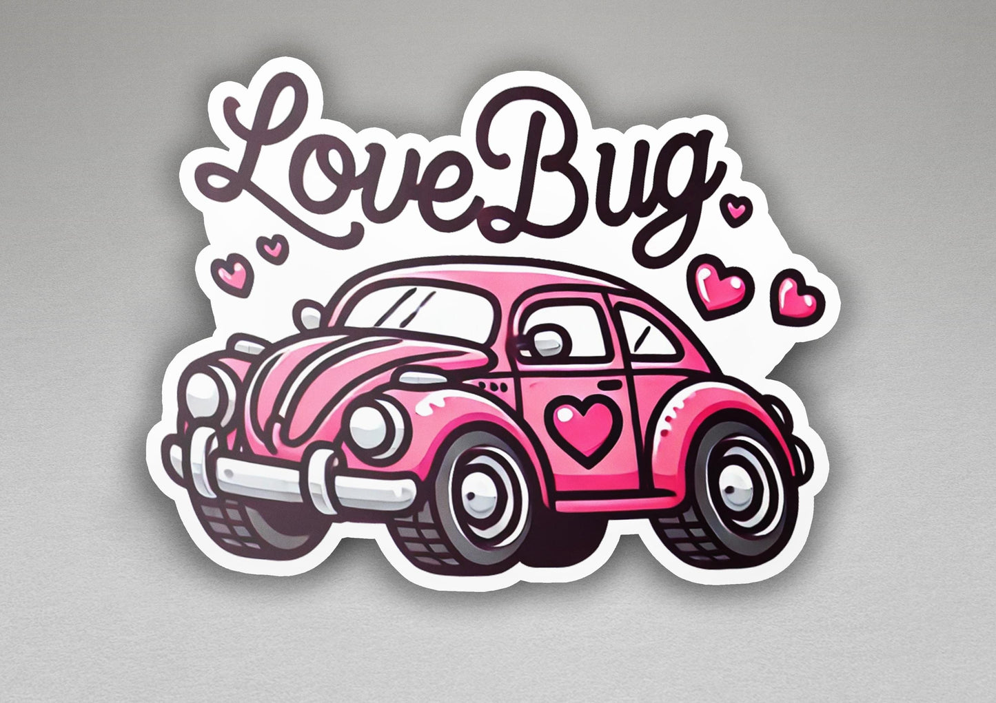 a pink sticker with the words love bug on it