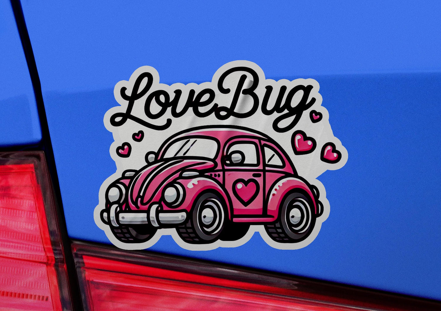 a sticker that says love bug on the back of a car