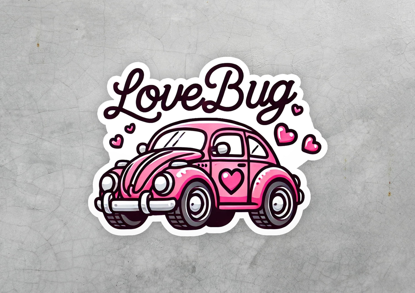 a sticker of a pink car with the words love bug on it