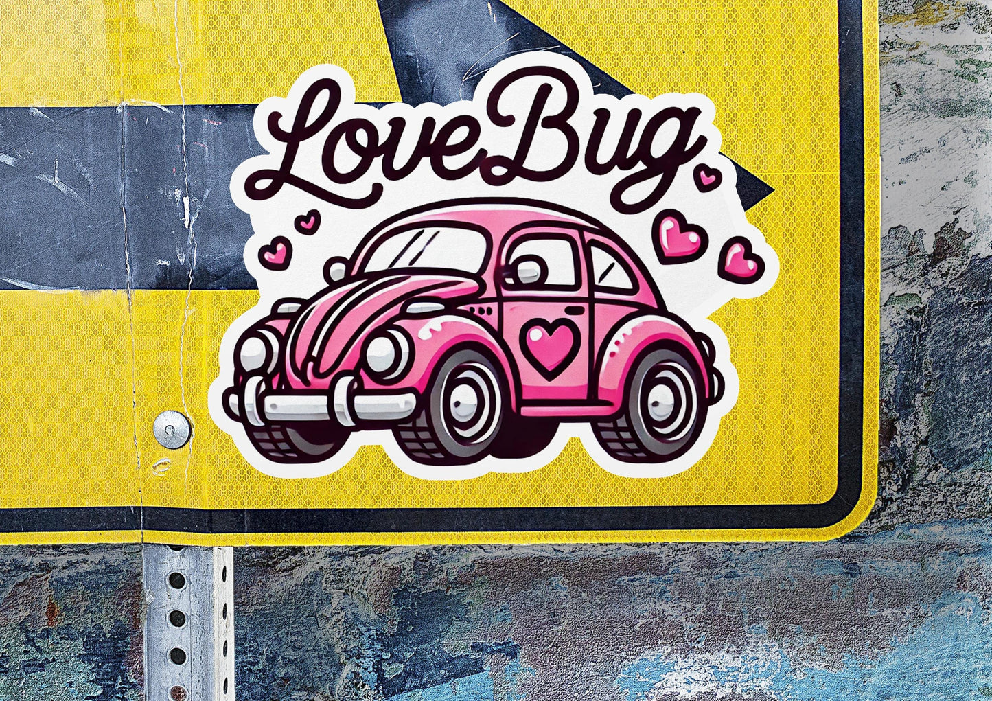 a yellow and black sign with a pink car on it