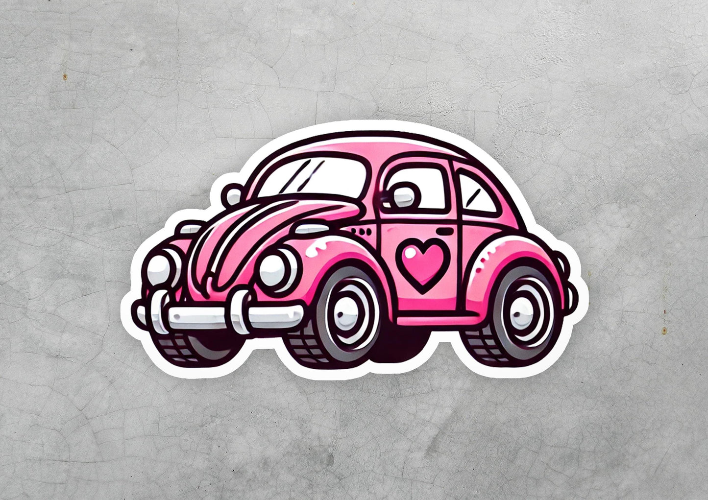 a sticker of a pink car with a heart on it