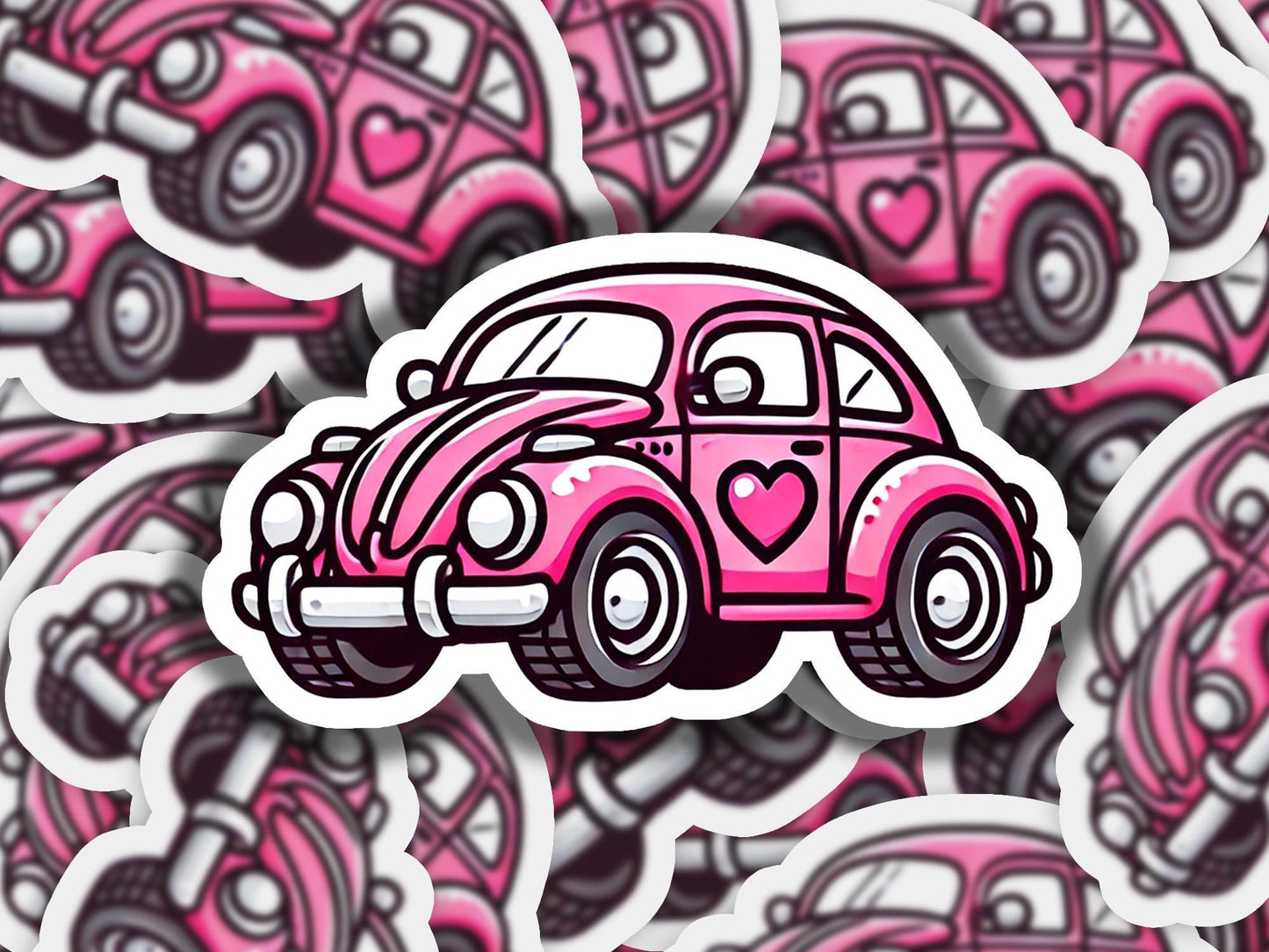 a sticker of a pink car with a heart on it