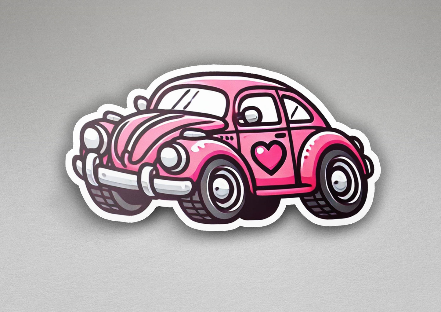 a sticker of a pink car with a heart on it