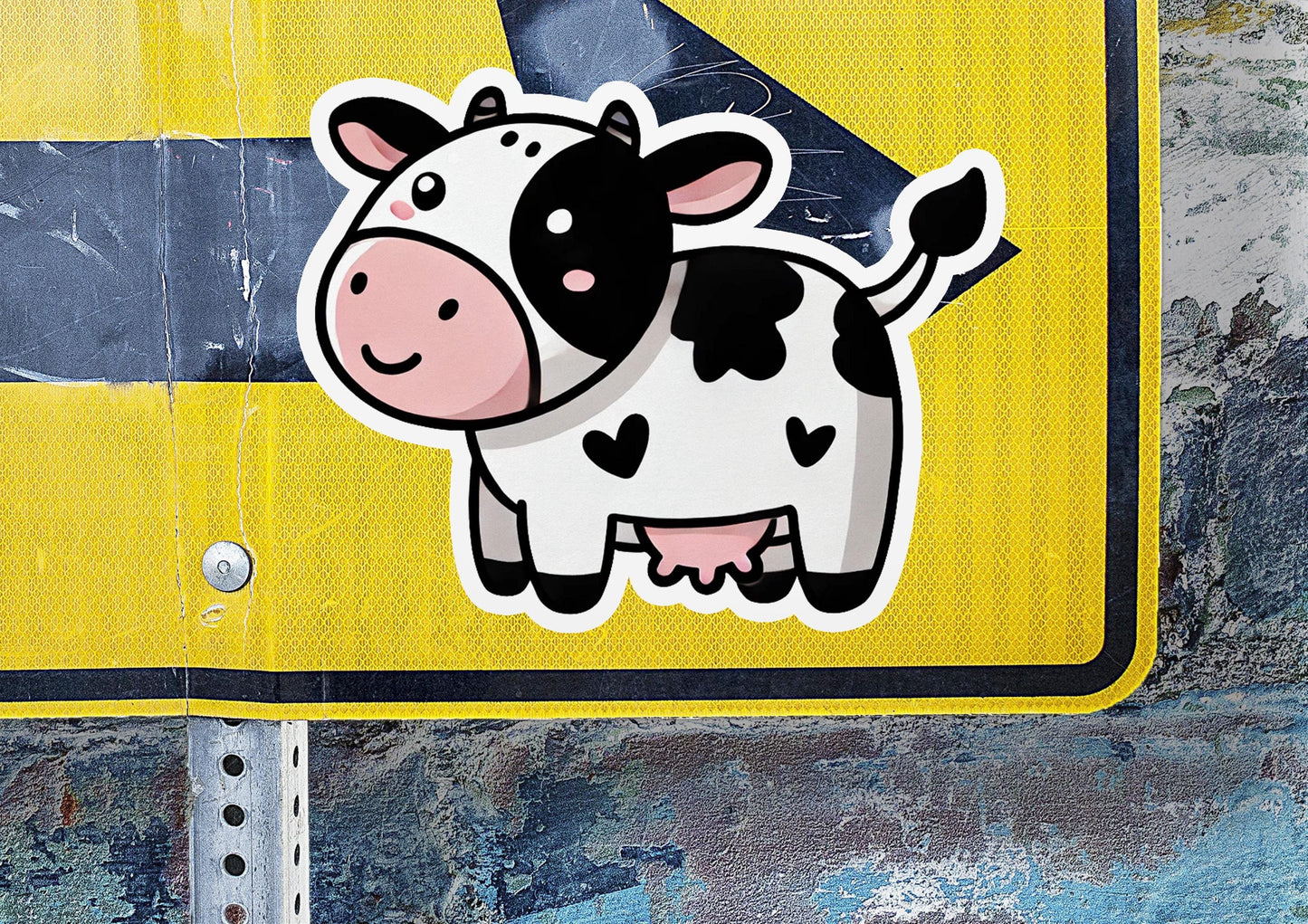 a close up of a street sign with a cow on it