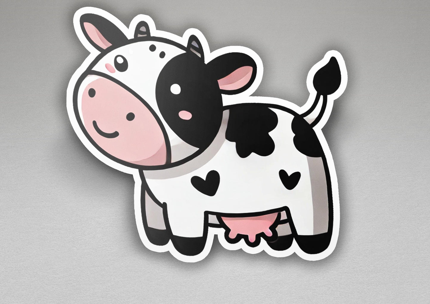 a sticker of a cow with hearts on it