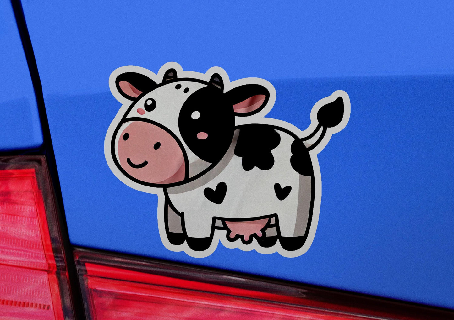 a sticker of a cow on the back of a car