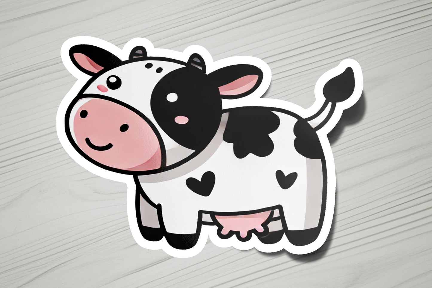 a sticker of a cow with hearts on it