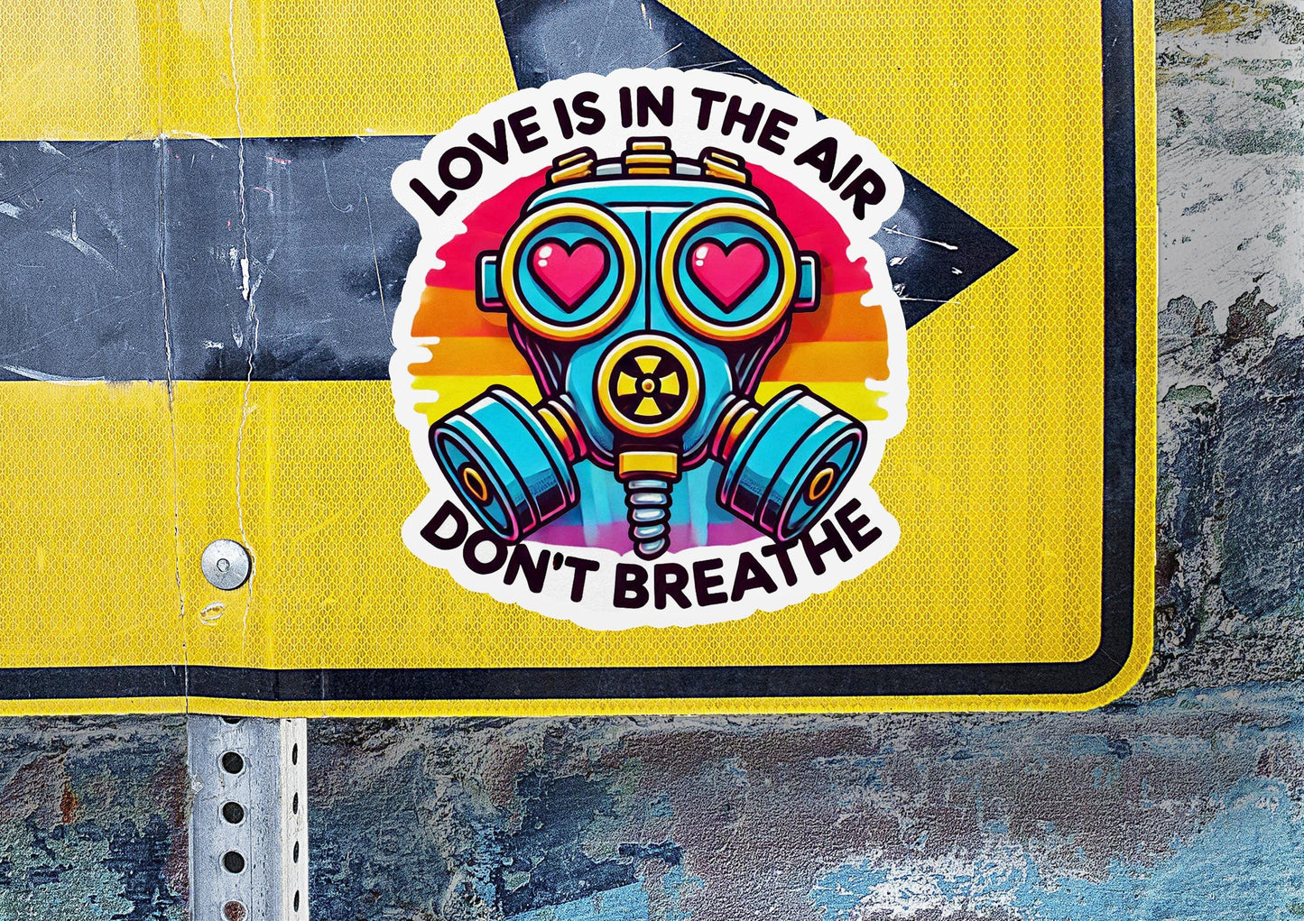 a sticker of a gas mask with words love is in the air don '