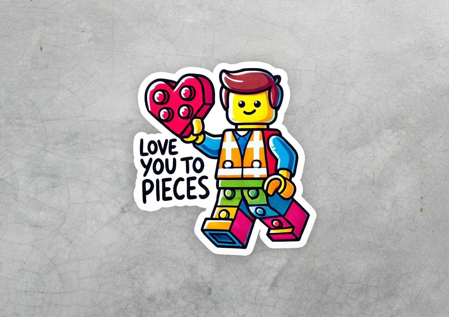 a sticker of a lego man holding a heart