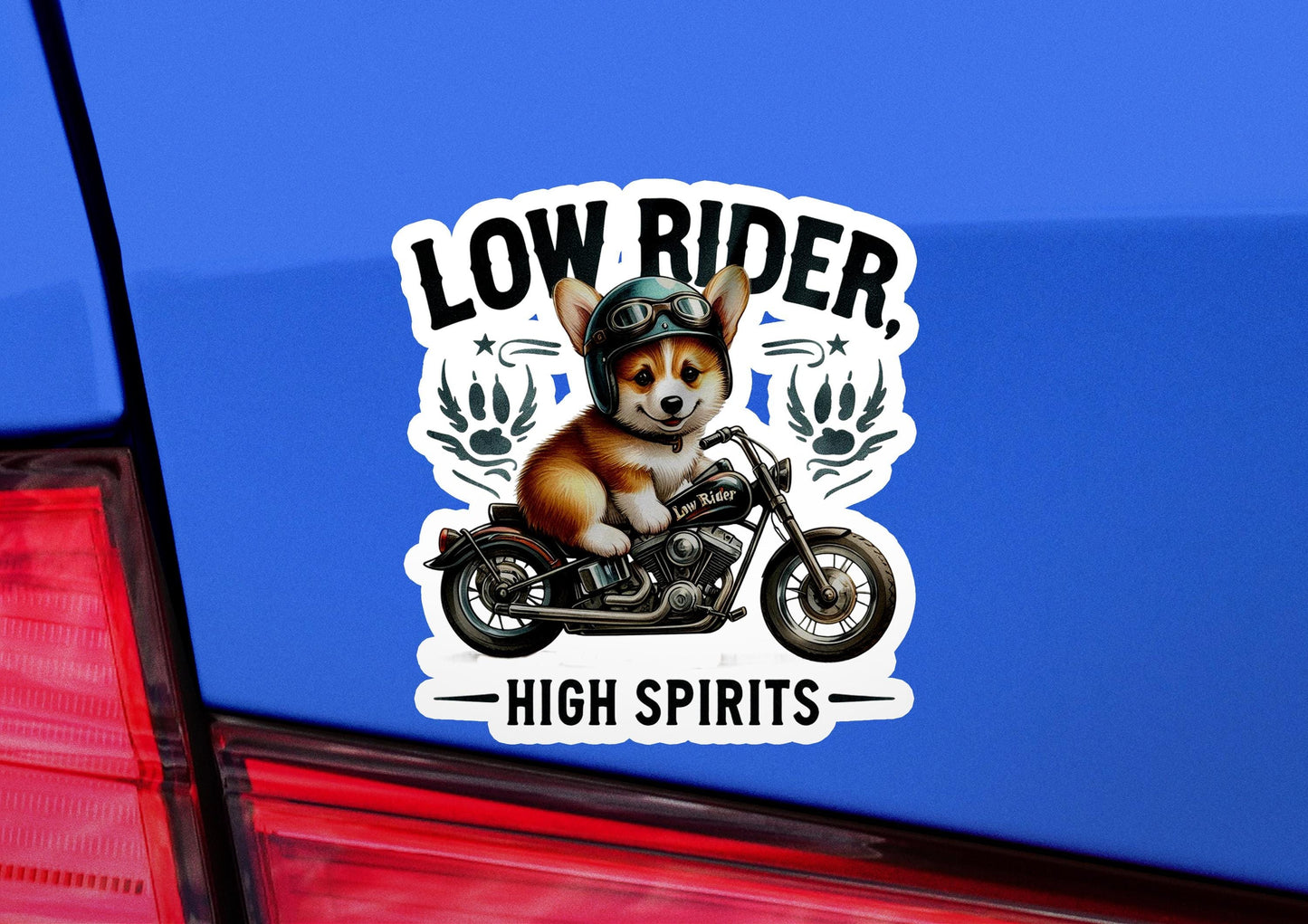 a sticker of a dog riding a motorcycle