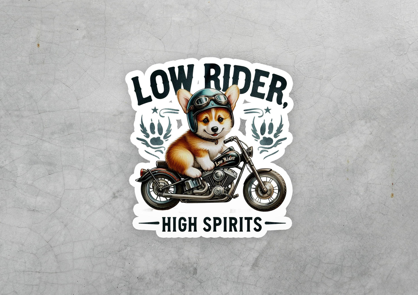 a sticker of a dog riding a motorcycle