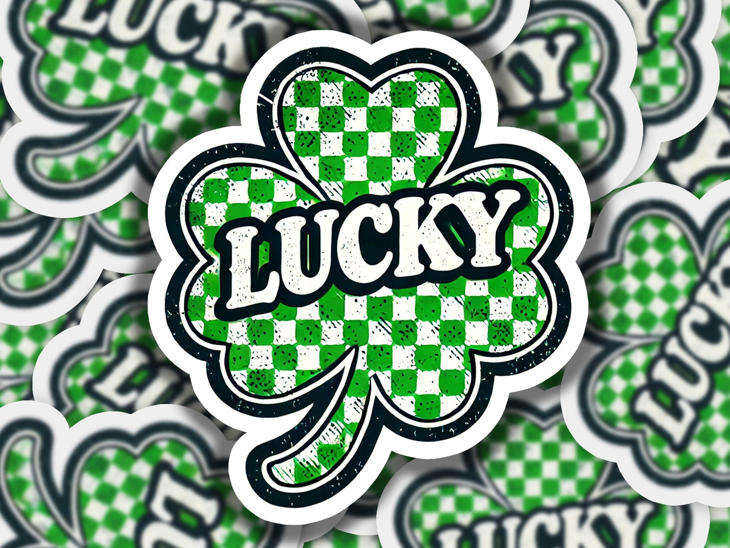 a sticker with the word lucky on it